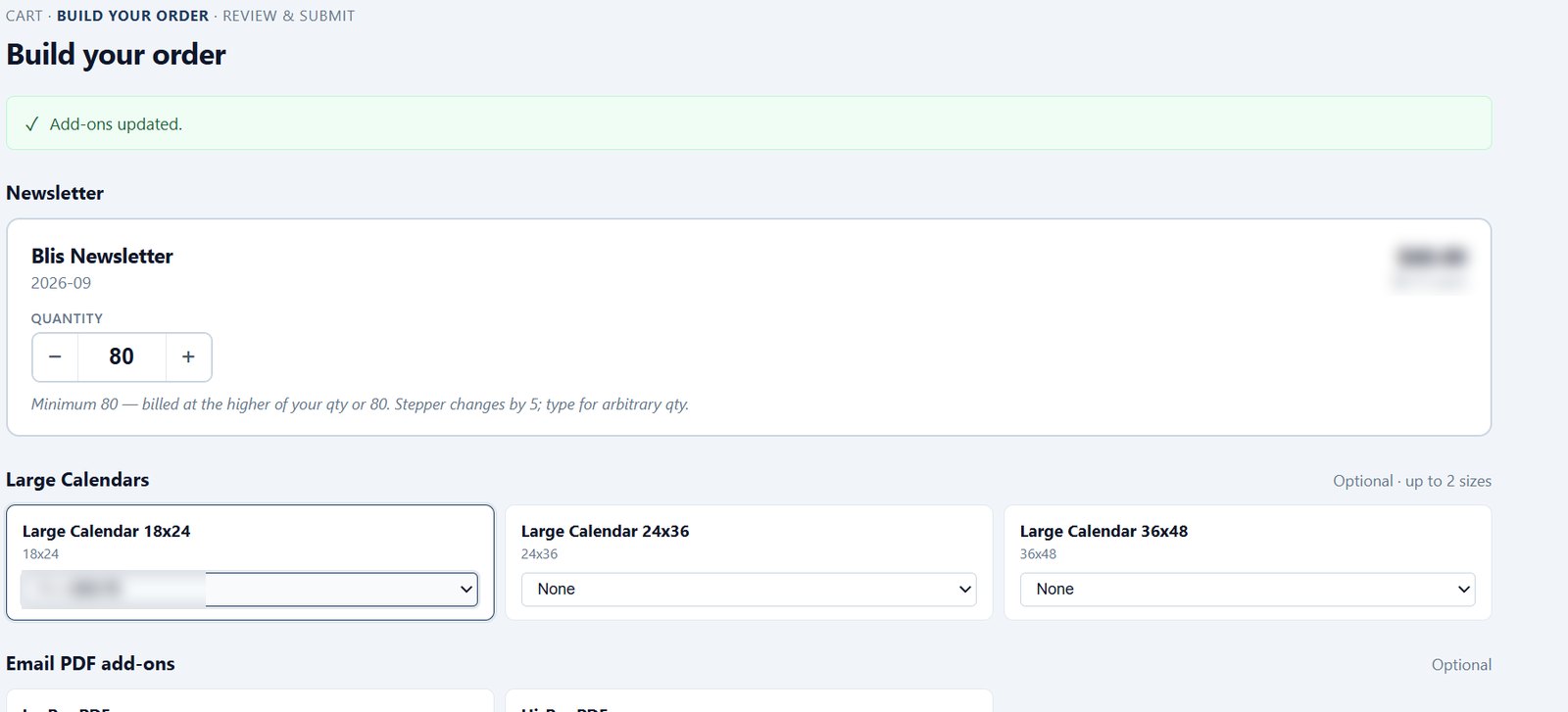 The BLIS ordering portal, showing quantity selection and optional calendar and PDF add-ons